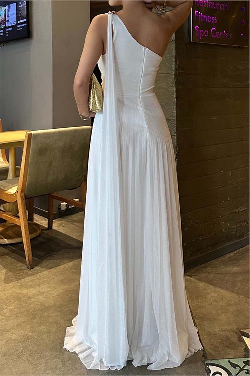 Kadın Beyaz Tek Omuz Simli Piliseli Tül Uzun Abiye Elbise Astarlı HSZ046 