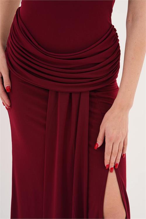 Kadın Bordo Drapeli Kuyruk Detaylı Yüksek Yaka Uzun Sandy Kumaş Elbise HSZ067 