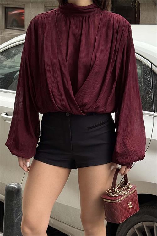 Kadın Bordo Drapeli Modal Bluz Balıkçı Yaka Uzun Kollu HSZ058 