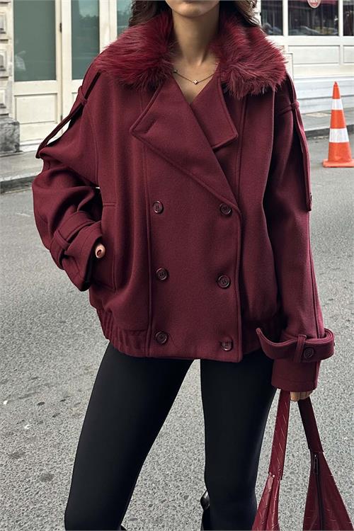 Kadın Bordo Kürk Yaka Detaylı Oversize Mont Cepli HSZ021 