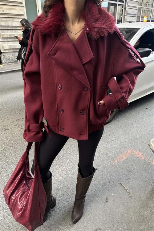 Kadın Bordo Kürk Yaka Detaylı Oversize Mont Cepli HSZ021 