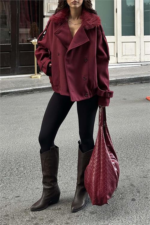 Kadın Bordo Kürk Yaka Detaylı Oversize Mont Cepli HSZ021 