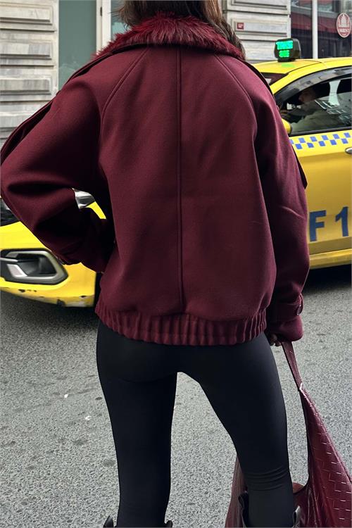 Kadın Bordo Kürk Yaka Detaylı Oversize Mont Cepli HSZ021 