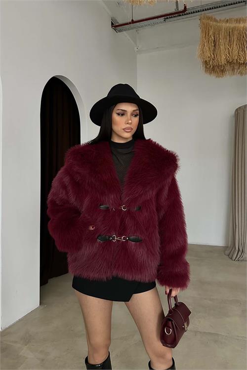 Bordo Astarlı Cepli Deri Bağlama Aksesuarlı Kürk Ceket HSZ022 