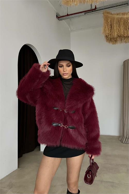 Bordo Astarlı Cepli Deri Bağlama Aksesuarlı Kürk Ceket HSZ022 