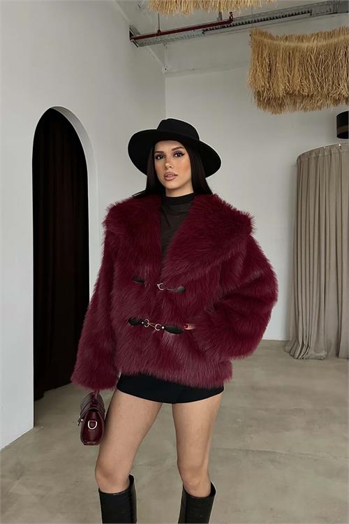 Bordo Astarlı Cepli Deri Bağlama Aksesuarlı Kürk Ceket HSZ022 