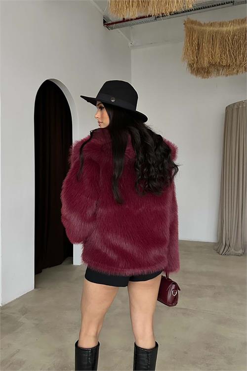 Bordo Astarlı Cepli Deri Bağlama Aksesuarlı Kürk Ceket HSZ022 