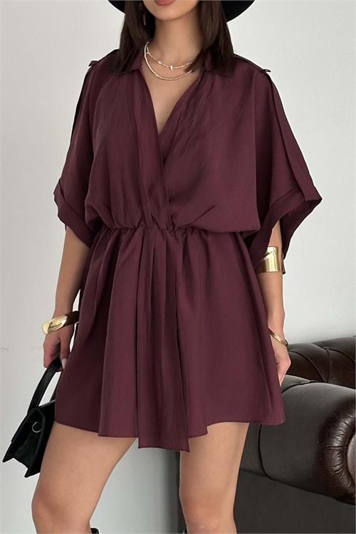 Kadın Bordo Modal Kumaş V Yaka Belden Büzgülü Apolet Detaylı Mini Elbise HSZ054 