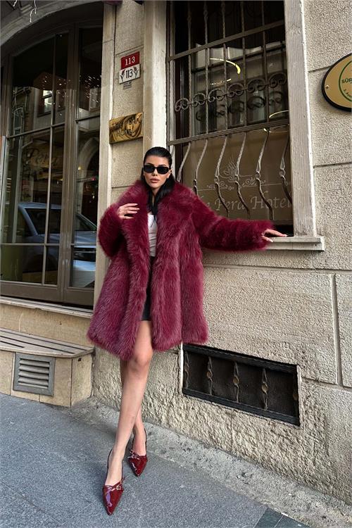 Kadın Bordo Astarlı Düğmeli Oversize Kürk Kaban HSZ002 