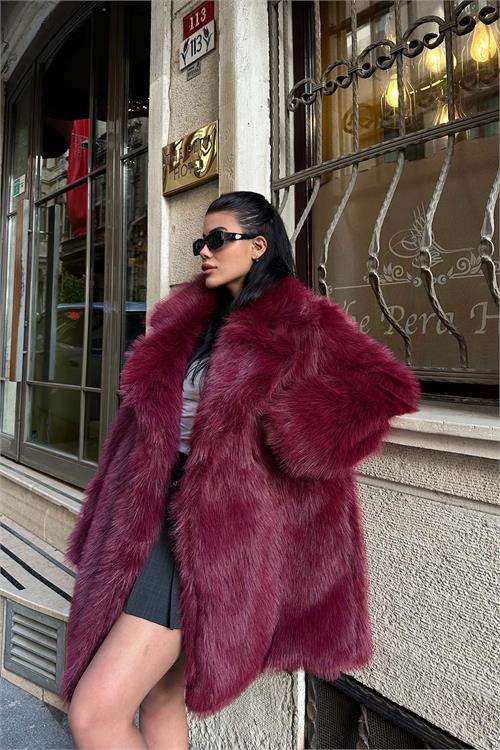 Kadın Bordo Astarlı Düğmeli Oversize Kürk Kaban HSZ002 