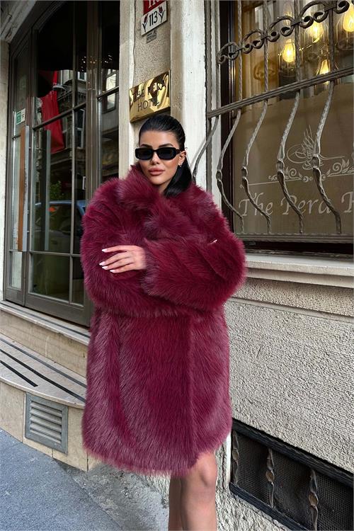 Kadın Bordo Astarlı Düğmeli Oversize Kürk Kaban HSZ002 