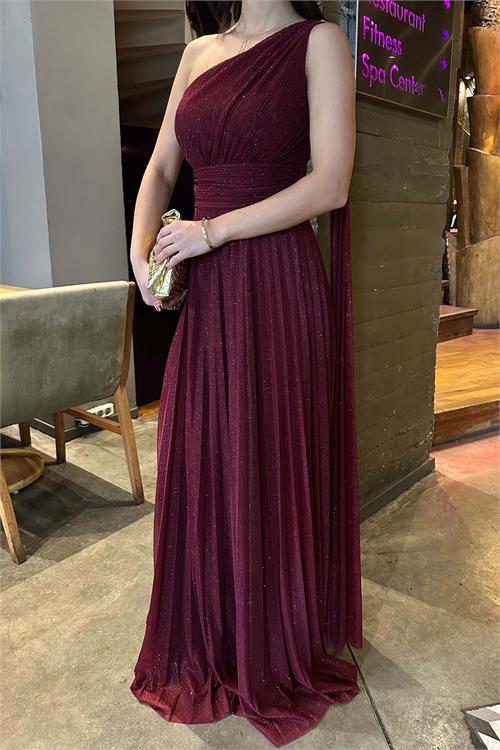 Kadın Bordo Yeşil Tek Omuz Simli Piliseli Tül Uzun Abiye Elbise Astarlı HSZ046 