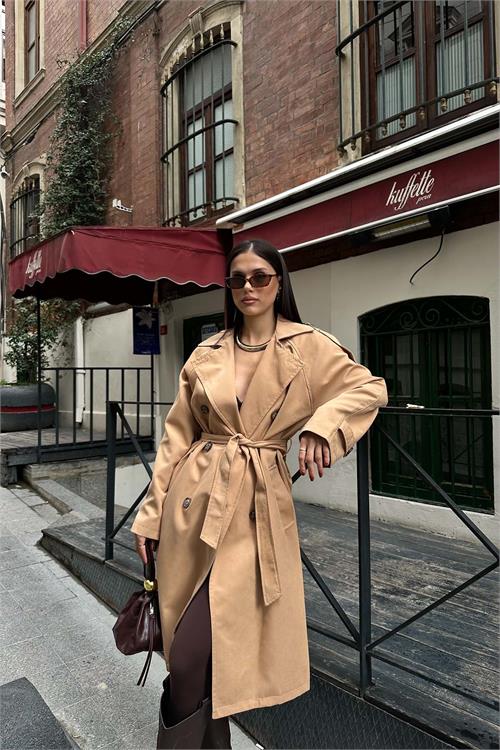 Kadın Camel Kuşaklı Düğmeli Bondit Kumaş Su Gecirmez Trençkot HSZ028 