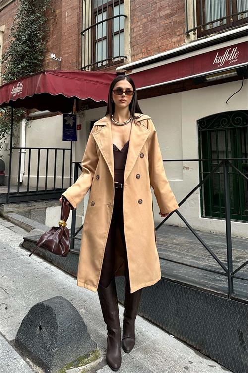 Kadın Camel Kuşaklı Düğmeli Bondit Kumaş Su Gecirmez Trençkot HSZ028 