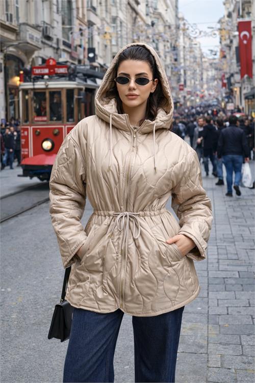 Kadın camel Kapitone Kapüşonlu Beli Bağcıklı şişme Mont HSZ024 