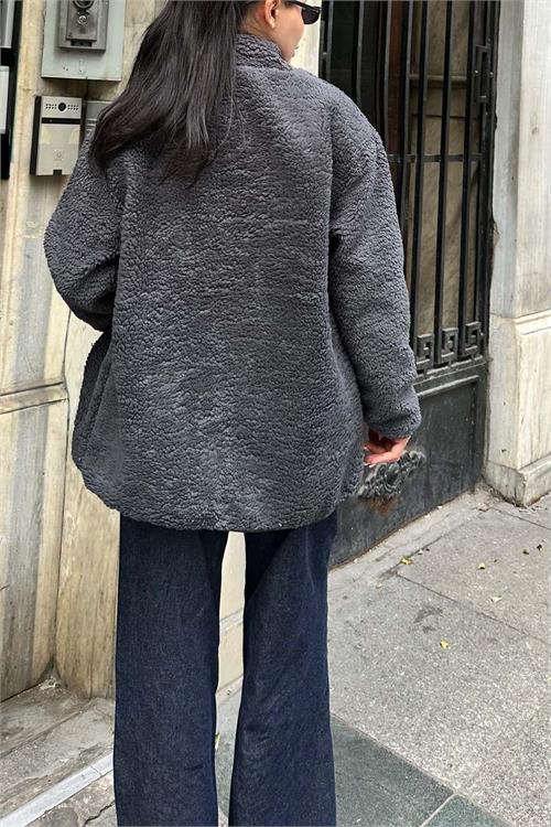 Kadın Antrasit Peluş Oversize Düğmeli Ceket HSZ026 