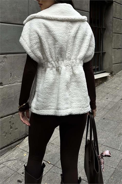 Kadın Ekru Oversize Kemerli Peluş Yelek HSZ032 