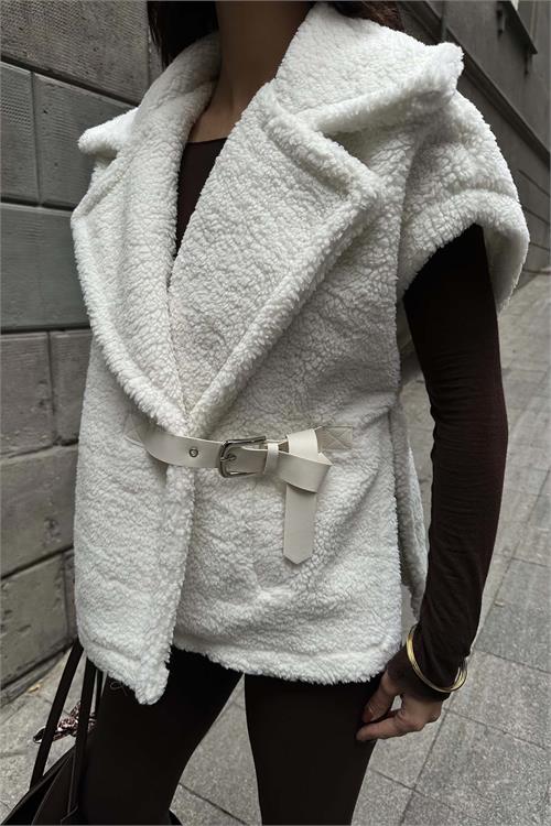 Kadın Ekru Oversize Kemerli Peluş Yelek HSZ032 