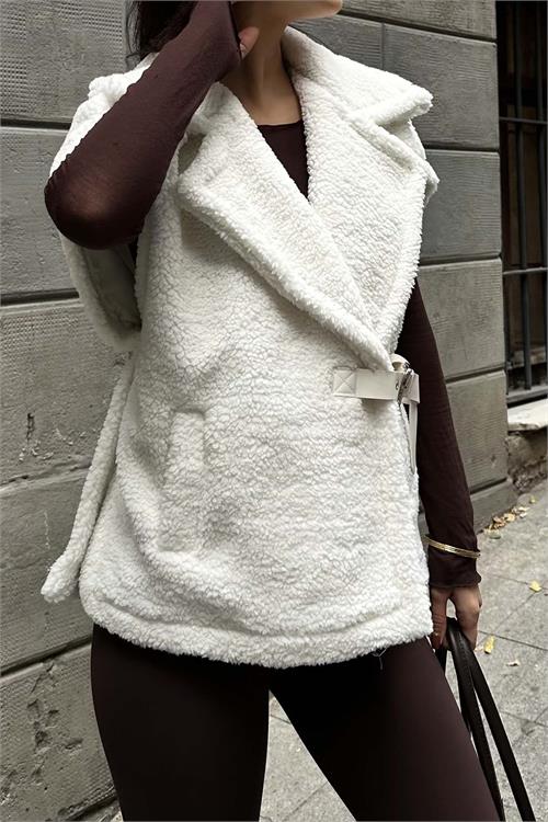 Kadın Ekru Oversize Kemerli Peluş Yelek HSZ032 