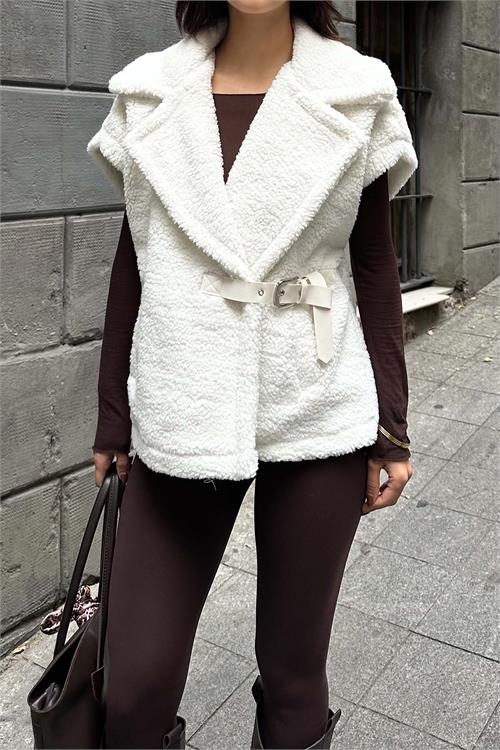 Kadın Ekru Oversize Kemerli Peluş Yelek HSZ032 