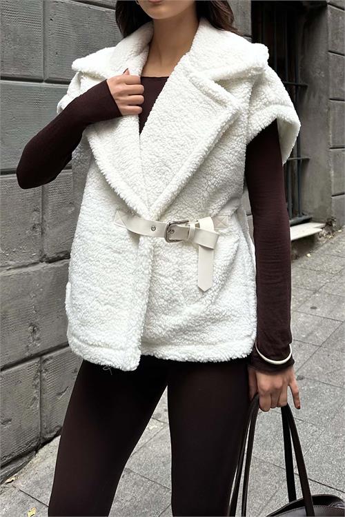 Kadın Ekru Oversize Kemerli Peluş Yelek HSZ032 