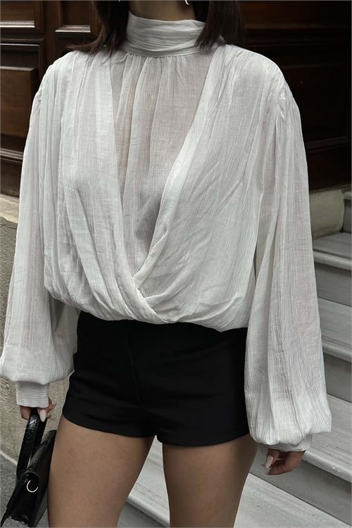 Kadın Ekru Drapeli Modal Bluz Balıkçı Yaka Uzun Kollu HSZ058 