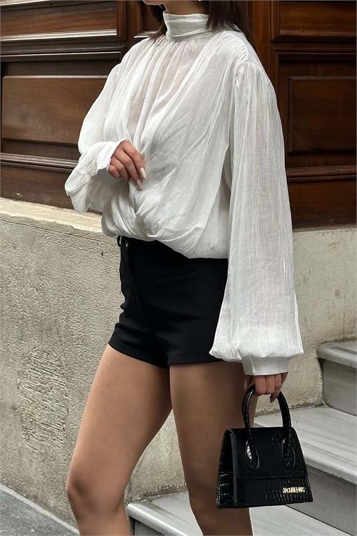 Kadın Ekru Drapeli Modal Bluz Balıkçı Yaka Uzun Kollu HSZ058 