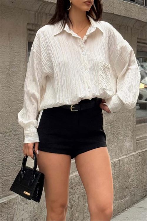 Kadın Ekru Çizgili Oversize Gömlek Düğmeli Cepli Uzun Kollu HSZ062 