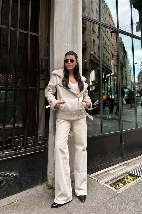 Kadın Bej Kemerli Fermuarlı Kürk Detaylı Süet Mont HSZ007 