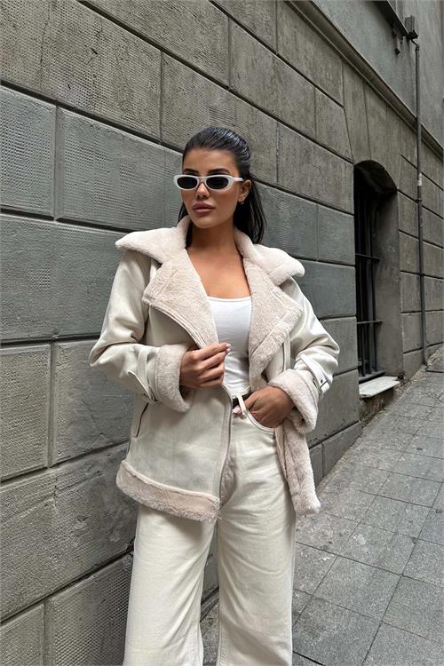Kadın Bej Kemerli Fermuarlı Kürk Detaylı Süet Mont HSZ007 
