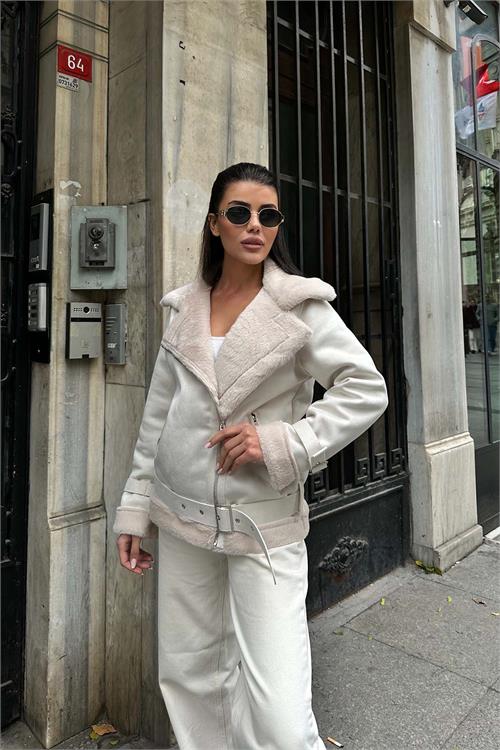 Kadın Bej Kemerli Fermuarlı Kürk Detaylı Süet Mont HSZ007 