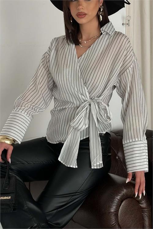 Kadın Ekru Çizgili Kruvaze Yandan Bağlamalı Gömlek HSZ055 