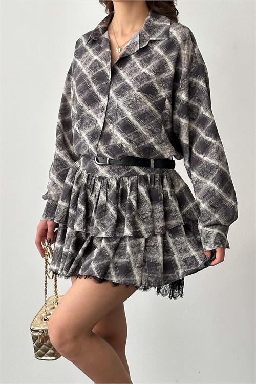 Kadın Gri desenli Etek Gömlek Takım Kemer Aksesuarlı HSZ038 