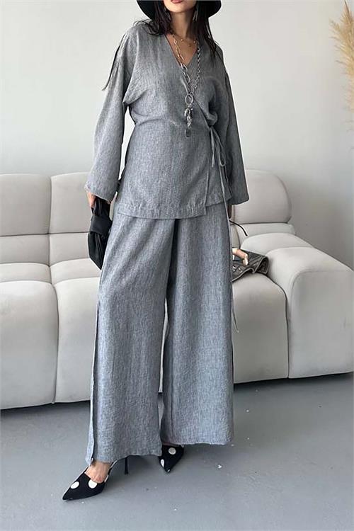 Kadın Antrasit Keten Kumaş Pantolonlu İkili Takım HSZ053 