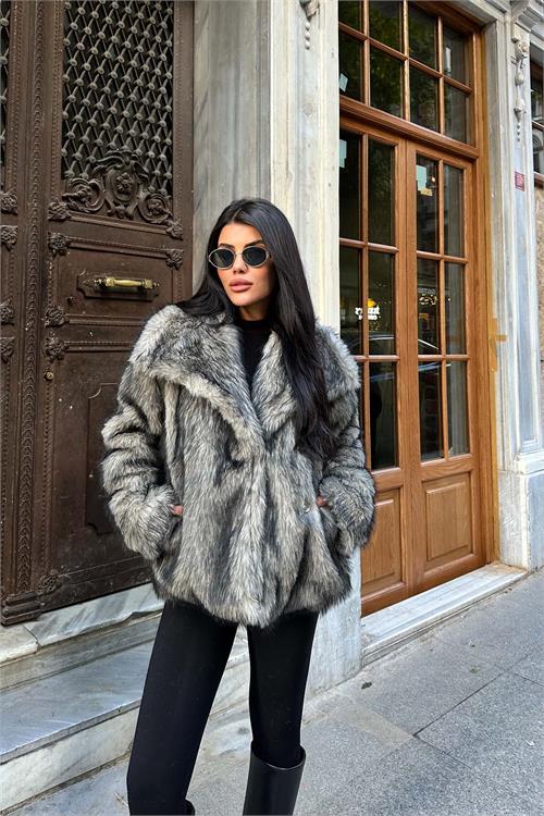 Kadın Astarlı Çıtçıtlı Cepli Kürk Gri Kaban HSZ006 