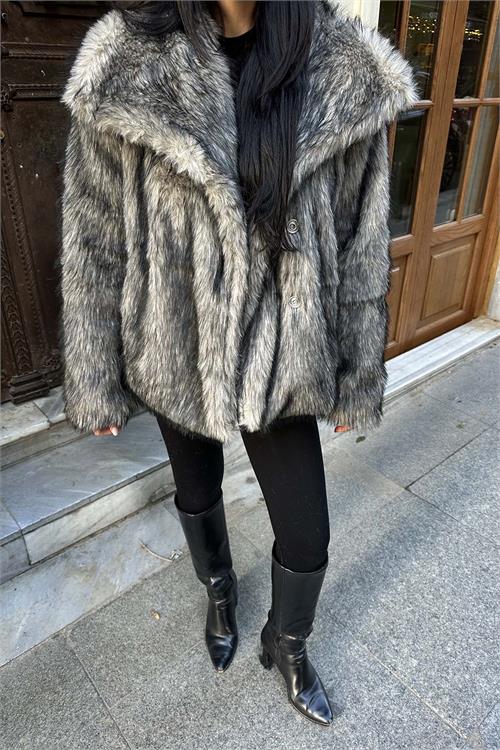 Kadın Astarlı Çıtçıtlı Cepli Kürk Gri Kaban HSZ006 