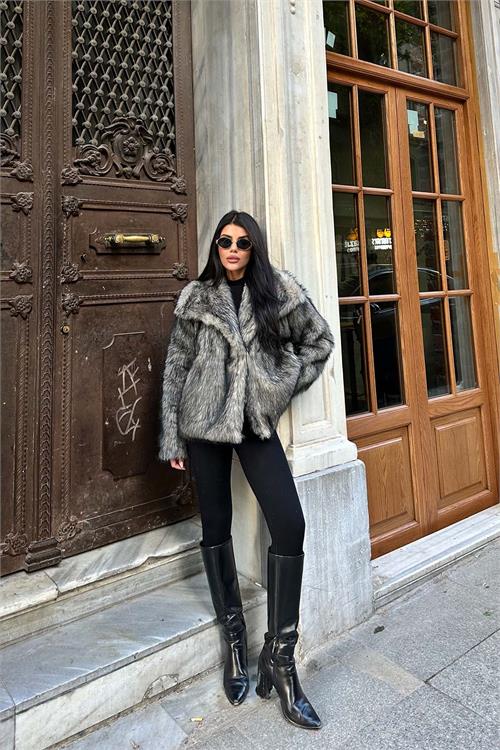 Kadın Astarlı Çıtçıtlı Cepli Kürk Gri Kaban HSZ006 