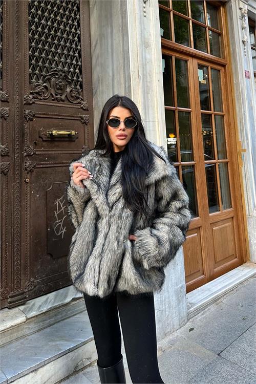 Kadın Astarlı Çıtçıtlı Cepli Kürk Gri Kaban HSZ006 