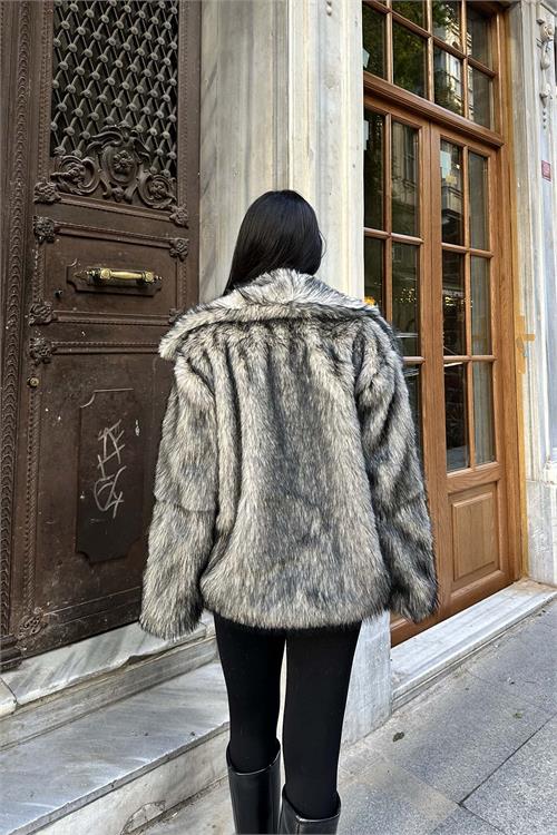 Kadın Astarlı Çıtçıtlı Cepli Kürk Gri Kaban HSZ006 