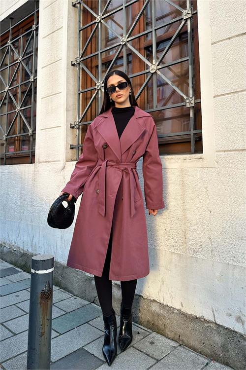 Kadın Gül Kurusu Kuşaklı Düğmeli Bondit Kumaş Su Gecirmez Trençkot HSZ028 