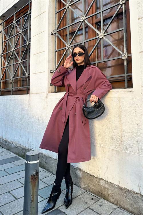 Kadın Gül Kurusu Kuşaklı Düğmeli Bondit Kumaş Su Gecirmez Trençkot HSZ028 