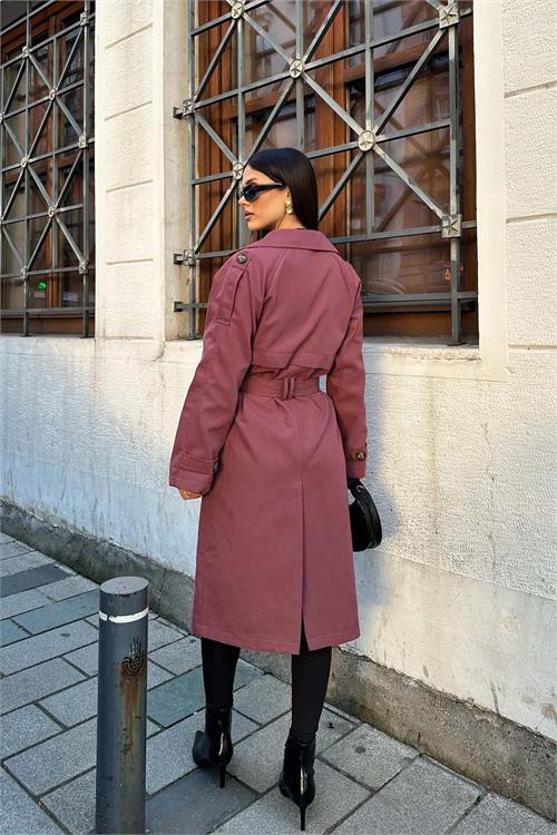 Kadın Gül Kurusu Kuşaklı Düğmeli Bondit Kumaş Su Gecirmez Trençkot HSZ028 