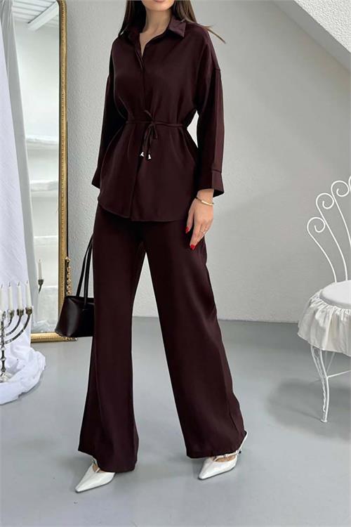 Kadın Kahverengi Bel Bağlamalı Gömlek Pantolon Takım Cepli Lastikli HSZ041 
