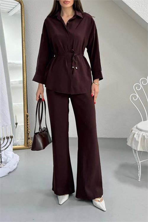 Kadın Kahverengi Bel Bağlamalı Gömlek Pantolon Takım Cepli Lastikli HSZ041 