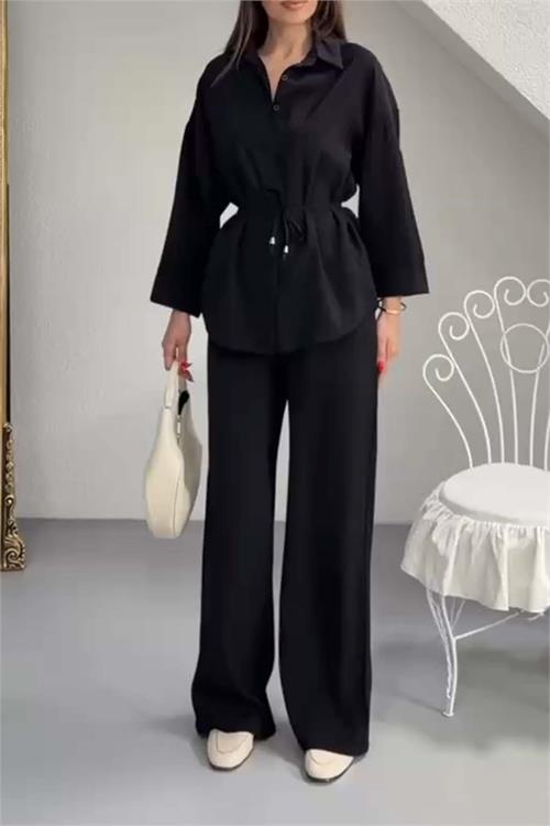 Kadın Siyah Bel Bağlamalı Gömlek Pantolon Takım Cepli Lastikli HSZ041 