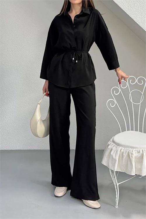 Kadın Siyah Bel Bağlamalı Gömlek Pantolon Takım Cepli Lastikli HSZ041 
