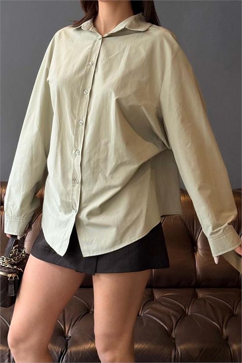 Kadın Haki Oversize Gömlek Düğmeli Uzun Kollu Şık Kesim HSZ059 