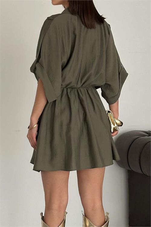 Kadın Haki Modal Kumaş V Yaka Belden Büzgülü Apolet Detaylı Mini Elbise HSZ054 