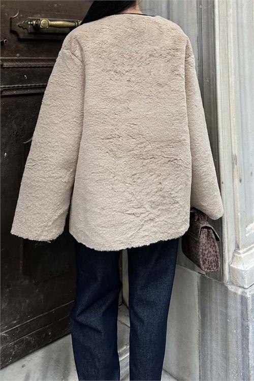 Kadın Bej Peluş Deri Detaylı Kadamalı Ceket HSZ025 