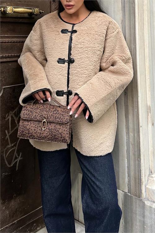 Kadın Bej Peluş Deri Detaylı Kadamalı Ceket HSZ025 